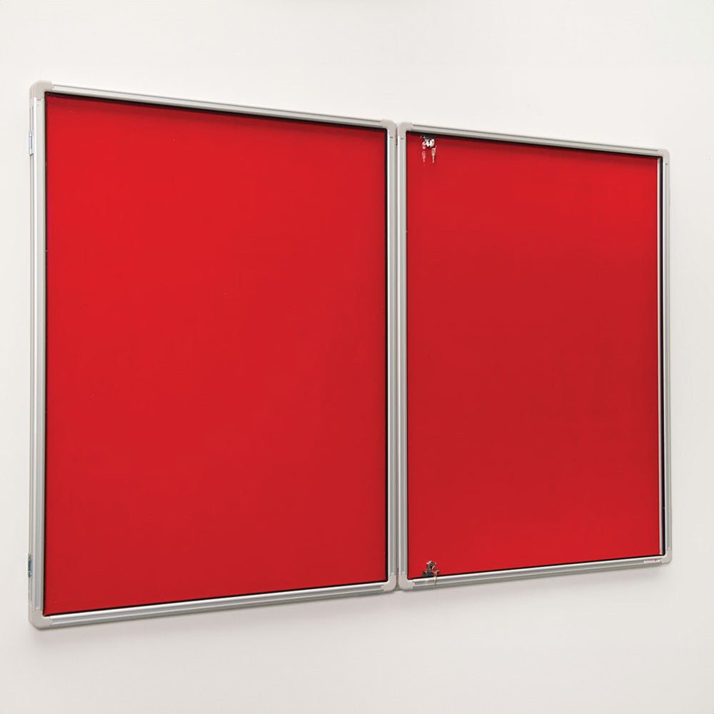 Premium red Premier FR Tamperproof Class B noticeboards with silver frames, UK compliant, by Presentation Spaces, side by side.