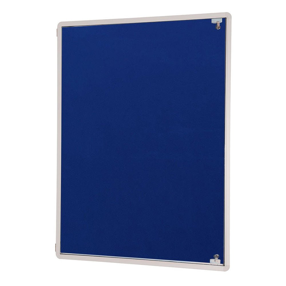 Blue Premier FR Tamperproof Class B noticeboard by Presentation Spaces, white frame, UK compliant, two silver pins on right side.