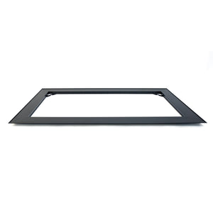 Showcasing the sleek black Frameless Fixed Projection Screen by Presentation Spaces, flat on white, low-angle view highlights design.