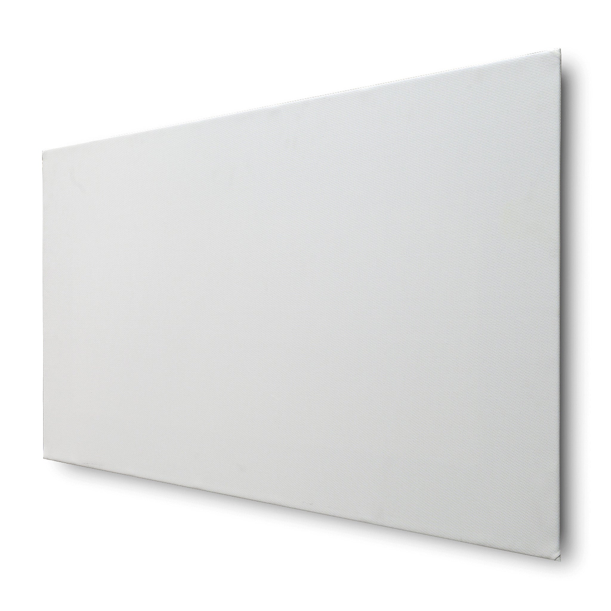 Frameless Fixed Projection Screen by Presentation Spaces, large and sleek, is wall-mounted; angled photo shows thickness and texture.