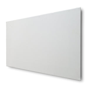 Frameless Fixed Projection Screen by Presentation Spaces, large and sleek, is wall-mounted; angled photo shows thickness and texture.