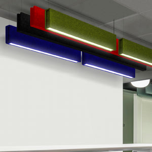 Zen Zone Zen Light Baffle acoustic baffles in four colors with integrated lighting deliver optimal echo control in modern interiors.