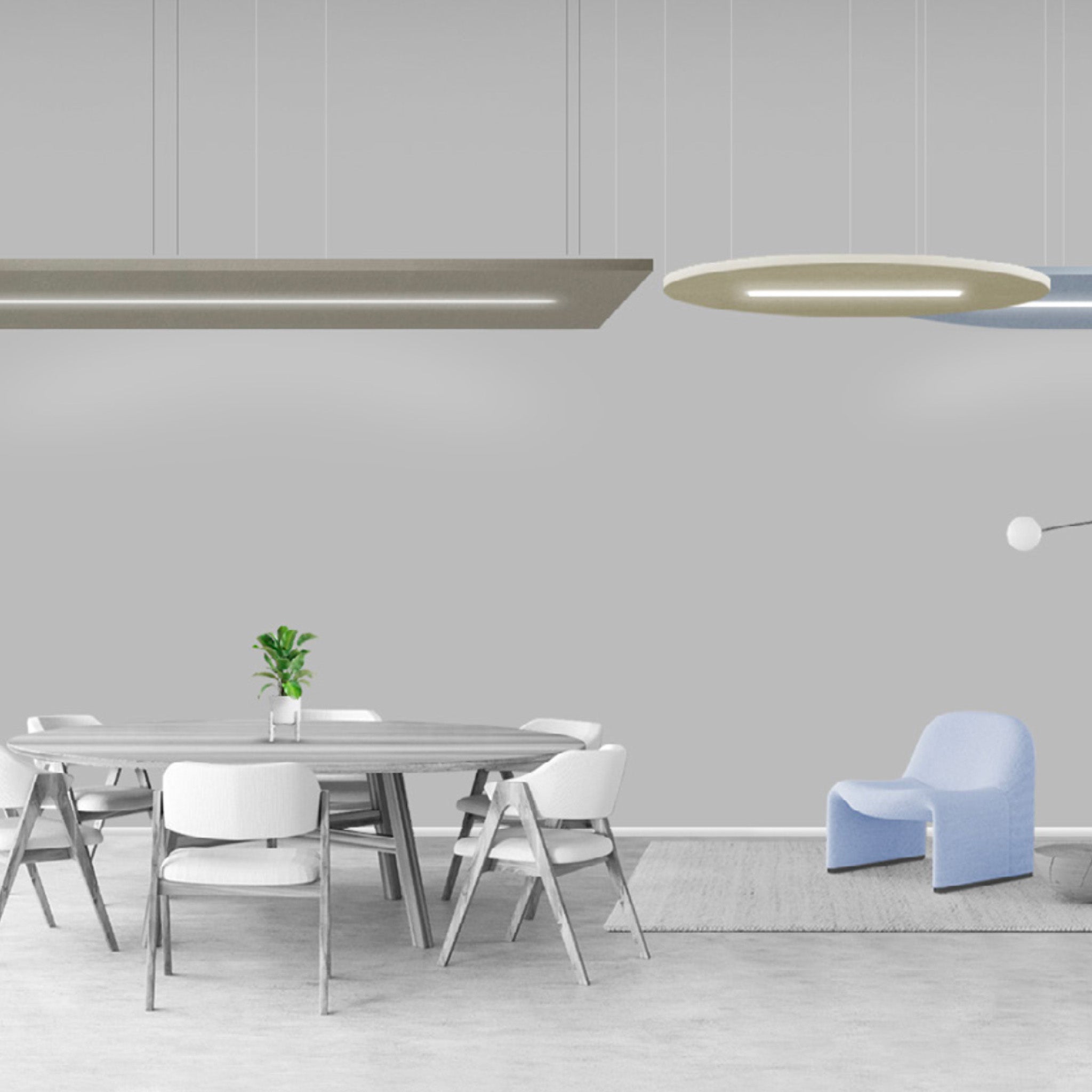 Modern minimalistic room with round dining table, six white chairs, Zen Zone ceiling lights, and stylish plant accents on gray wall.