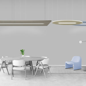 Modern minimalistic room with round dining table, six white chairs, Zen Zone ceiling lights, and stylish plant accents on gray wall.