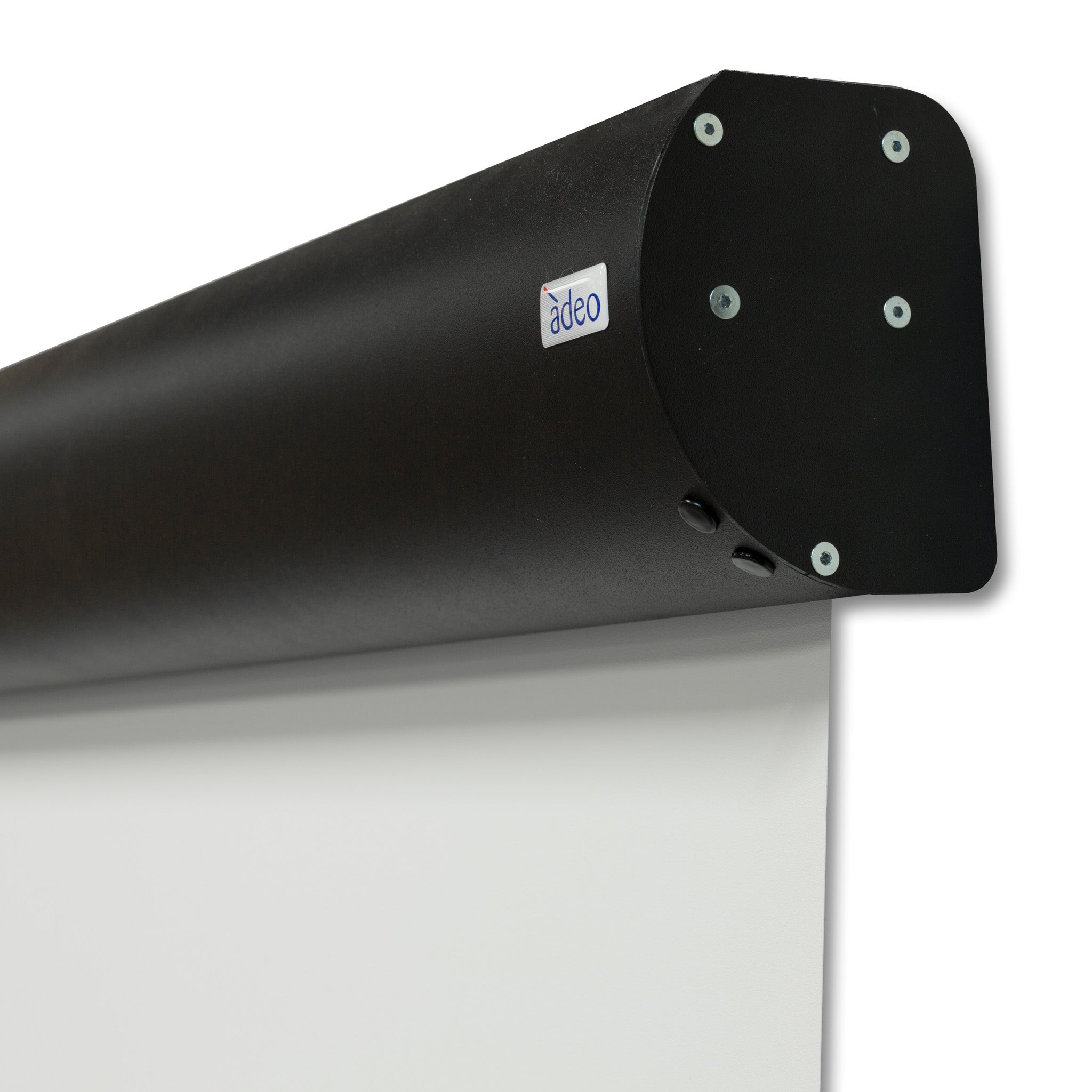 Linear Projection Screen by Presentation Spaces, featuring a sleek black motorized casing and branded label, partially lowered.