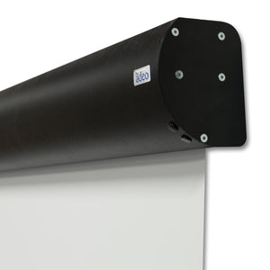 Linear Projection Screen by Presentation Spaces, featuring a sleek black motorized casing and branded label, partially lowered.