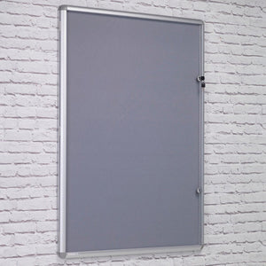 Shop Presentation Spaces’ UK-made Premier Felt Tamperproof Notice Board—gray felt, fire retardant, aluminium frame—wall mounted.