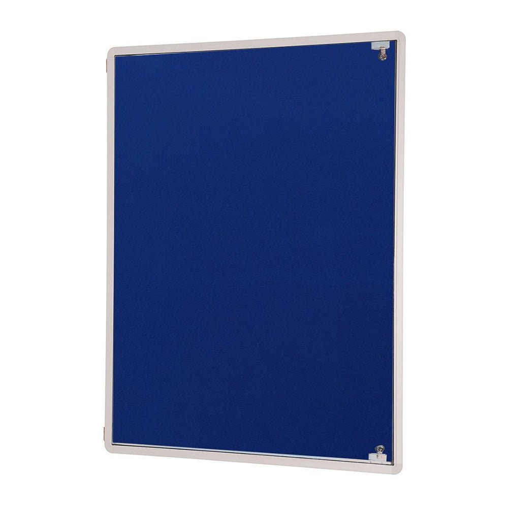 UK-made Premier Felt Tamperproof Fire Retardant Notice Board, blue with silver aluminium frame, angled on white background.