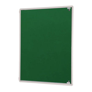 UK-made Premier Felt Tamperproof Fire Retardant Notice Board with sleek white aluminium frame, displayed vertically, green felt.