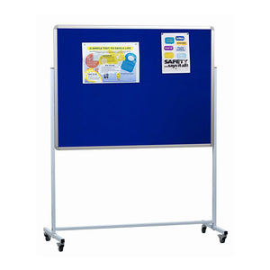 Showcase content on the blue, double-sided mobile notice board with felt cover, height-adjustable frame and easy-roll caster wheels.