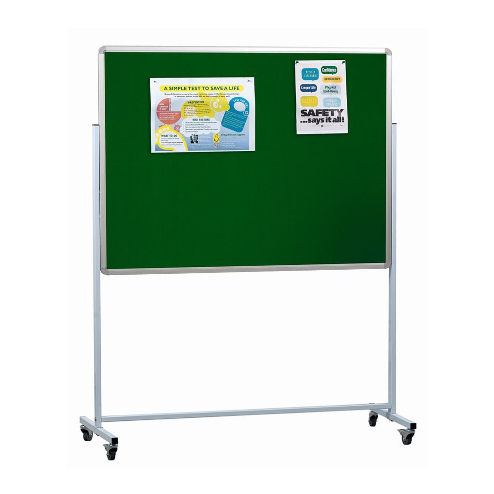 Green Presentation Spaces Mobile Notice Board, double sided and felt covered, height adjustable on wheels, two safety posters displayed.