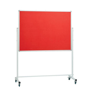 Discover the Presentation Spaces Mobile Notice Board: double-sided red felt, silver frame, height-adjustable stand, wheels.