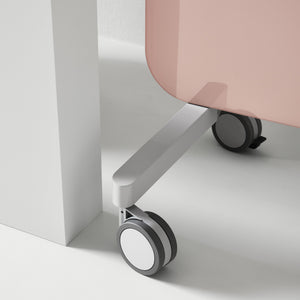 Lintex Mood Fabric pink office partition with magnetic writing surface and caster wheels on white floor, ideal for modern workspaces.