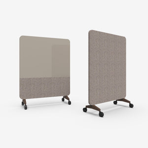 Lintex Mood Fabric dividers: Glass and fabric mobile boards, rounded corners, dark frames—modern partition solutions for offices.