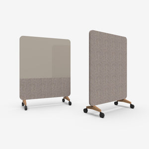 Lintex Mood Fabric privacy screens: stylish mobile dividers with light brown panels, wooden legs, and magnetic writing surface options.