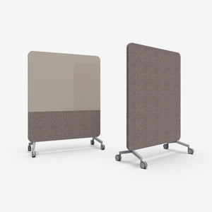 Showcasing Lintex Mood Fabric: mobile dividers with fabric, glass writing top, sound-absorbent features, wheels for flexibility.
