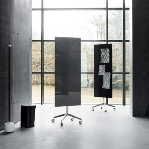 Elevate office design with Lintex Mood Mobile black glassboards—sleek, geometric, and minimalist in a modern workspace setting.