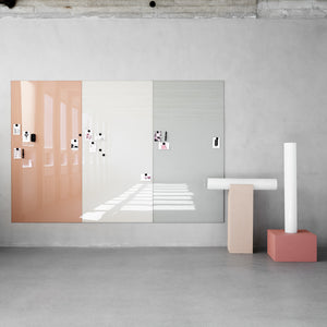 Showcasing a Lintex Mood Spaces VES Magnetic Dry Wipe Board in pink and white, with abstract sculptures on grey flooring.