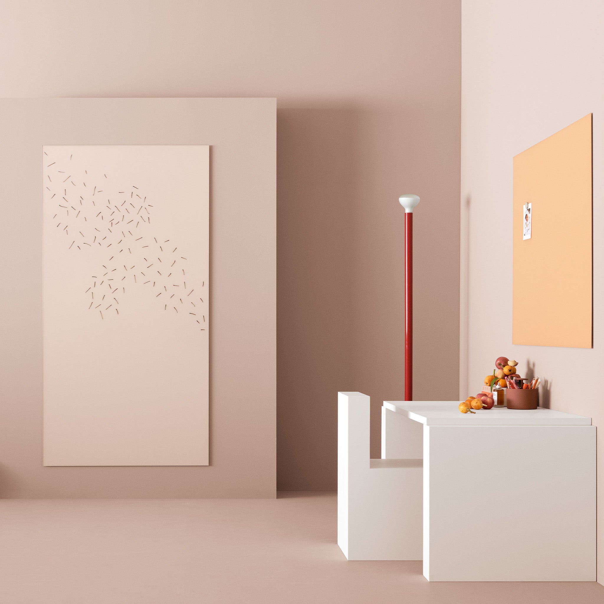 Modern minimalist office featuring a Lintex Mood Wall magnetic glass board, white desk set, and abstract art on beige walls.