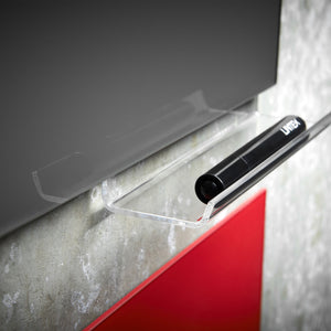 Discover the Lintex Mood Wall black glass magnetic board with acrylic tray and black marker, highlighted by a vivid red panel below.