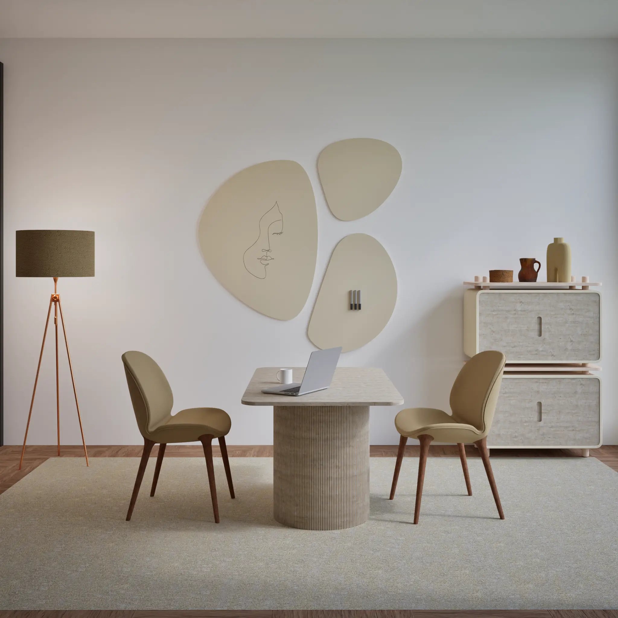 Minimalist office with Chameleon Pebbles magnetic whiteboard, beige chairs, round table, abstract art, and neutral decor.