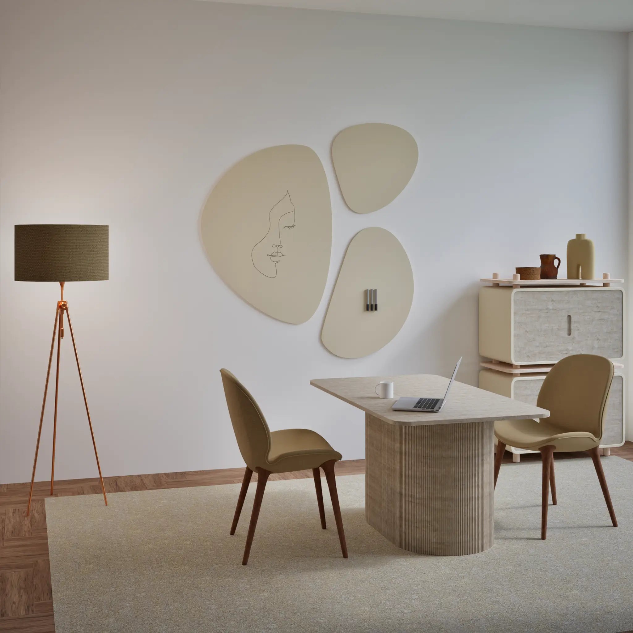 Modern minimalist office with Chameleon Pebbles VES Magnetic Whiteboard, beige table, abstract art, laptop, and neutral decor.