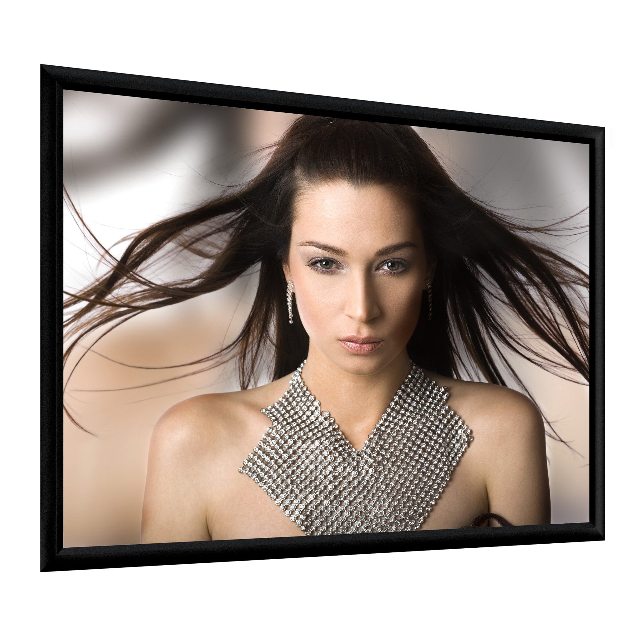 Plano Fixed Projection Screen by Presentation Spaces showcases a woman in a jeweled dress, elegantly framed for premium display quality.