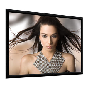 Plano Fixed Projection Screen by Presentation Spaces showcases a woman in a jeweled dress, elegantly framed for premium display quality.