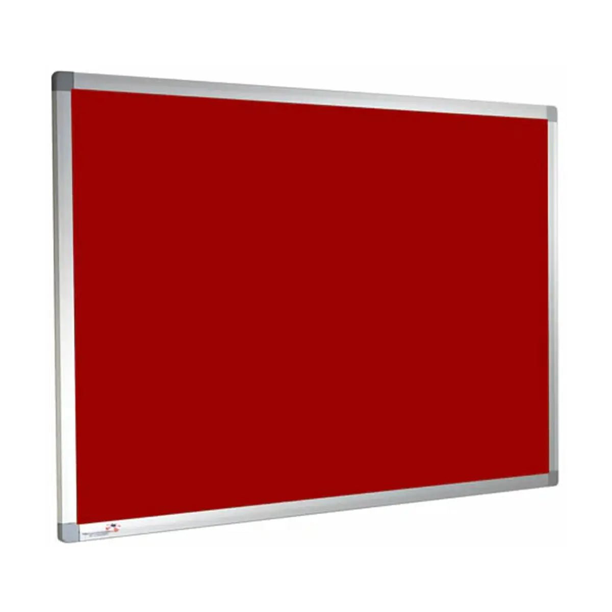Boost your workspace with our Premier Felt Notice Board—fire rated, red felt, sleek aluminium frame. Shown angled on white backdrop.