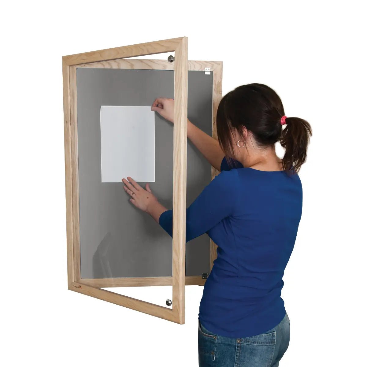 Boost your space with a wall-mounted Ash Hardwood Noticeboard—tamperproof glass, Class 1 Fire Rating—user pins paper inside.