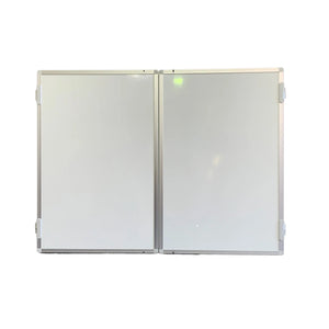 The FR Confidential Lockable Non-Magnetic Whiteboard by Presentation Spaces, double-panel, silver frame, wall-mounted, closed.