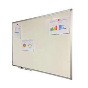 Boost productivity with the Presentation Spaces Drywipe Magnetic Whiteboard—silver frame, holds magnetic charts, spacious surface.