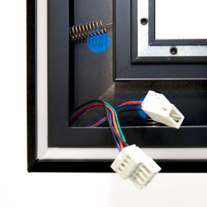 Detailed view of Prestige Fixed Frame Projection Screen’s rear, highlighting wiring for LED backlighting in slim aluminium frame.