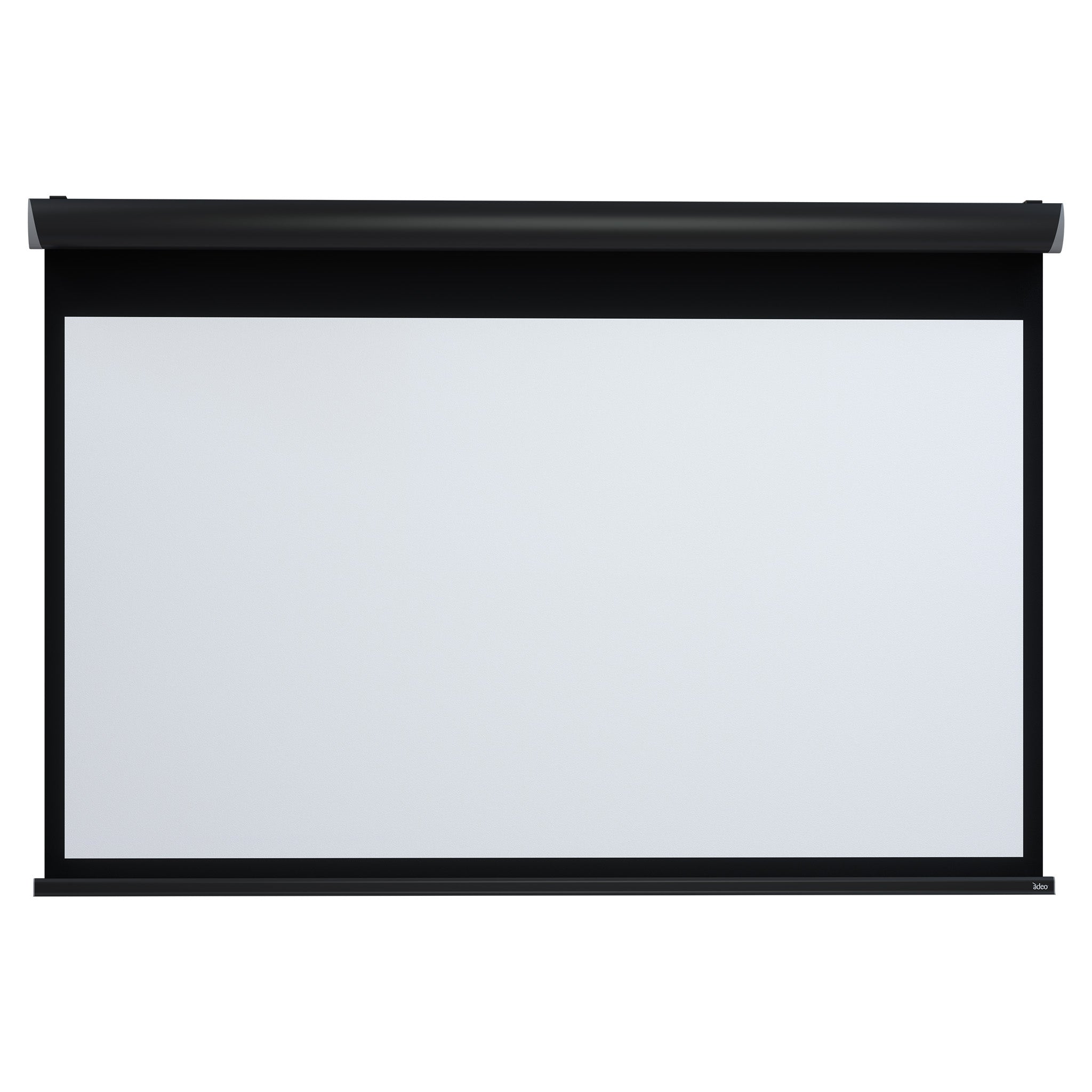Front view of The Rugby Pro -Black Borders- Projection Screen by Presentation Spaces, black border, sturdy top casing, white backdrop.