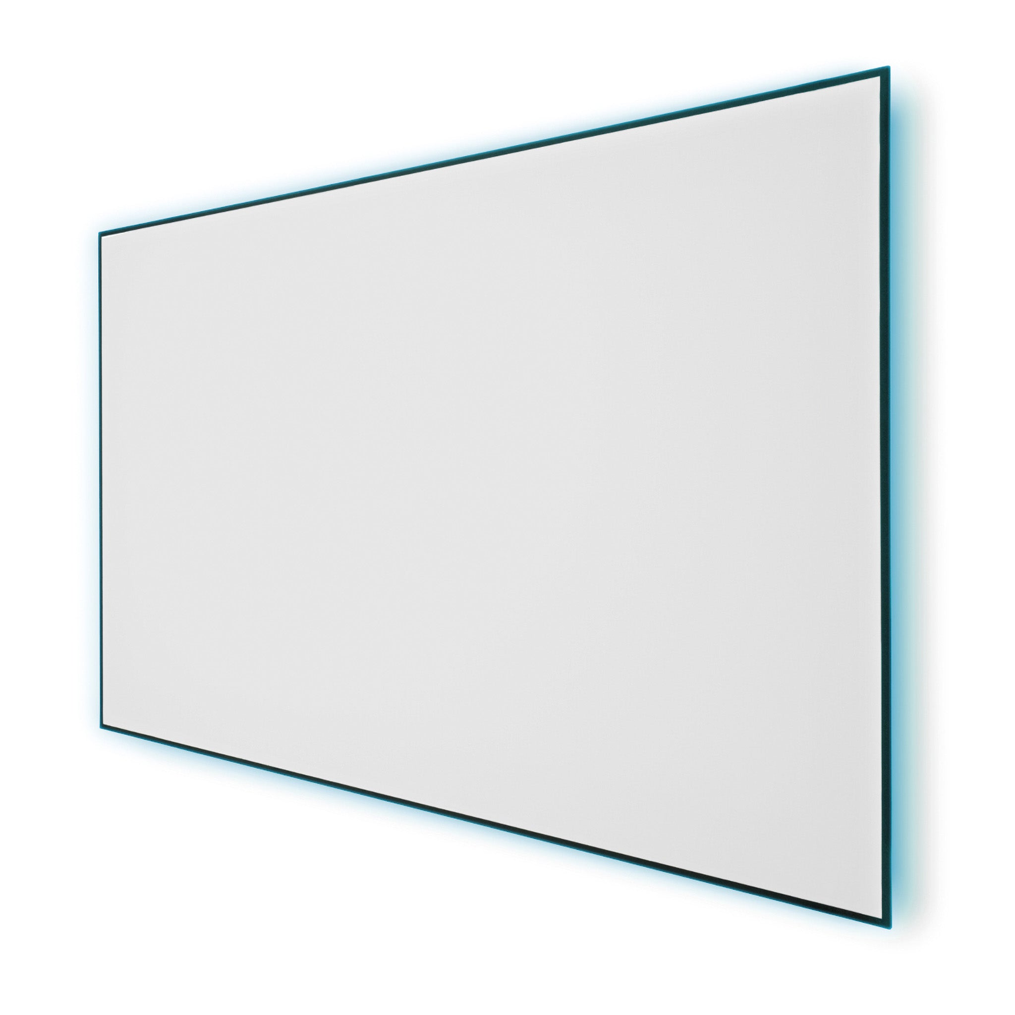 Showcasing the Prestige Fixed Frame Projection Screen with sleek aluminum frame, thin border & blue LED edge lighting on wall.