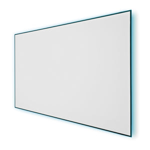 Showcasing the Prestige Fixed Frame Projection Screen with sleek aluminum frame, thin border & blue LED edge lighting on wall.