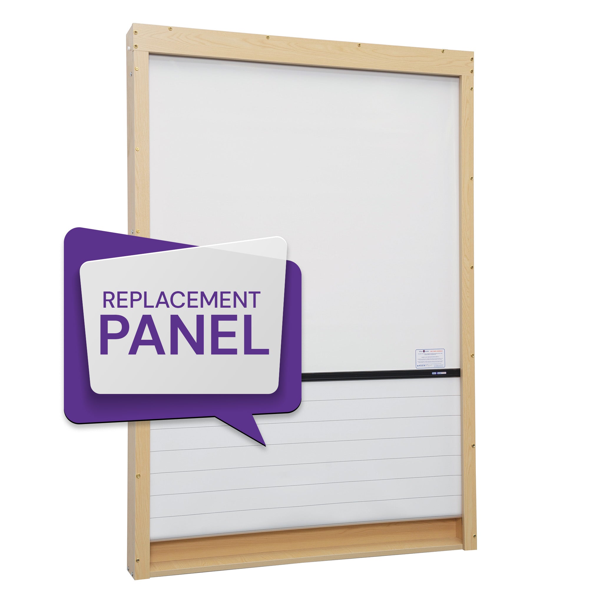 Boost your workspace with our 1800W x 1200H white replacement panel, wooden frame, and vivid purple "REPLACEMENT PANEL" label.