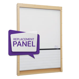 Boost your workspace with our 1800W x 1200H white replacement panel, wooden frame, and vivid purple "REPLACEMENT PANEL" label.