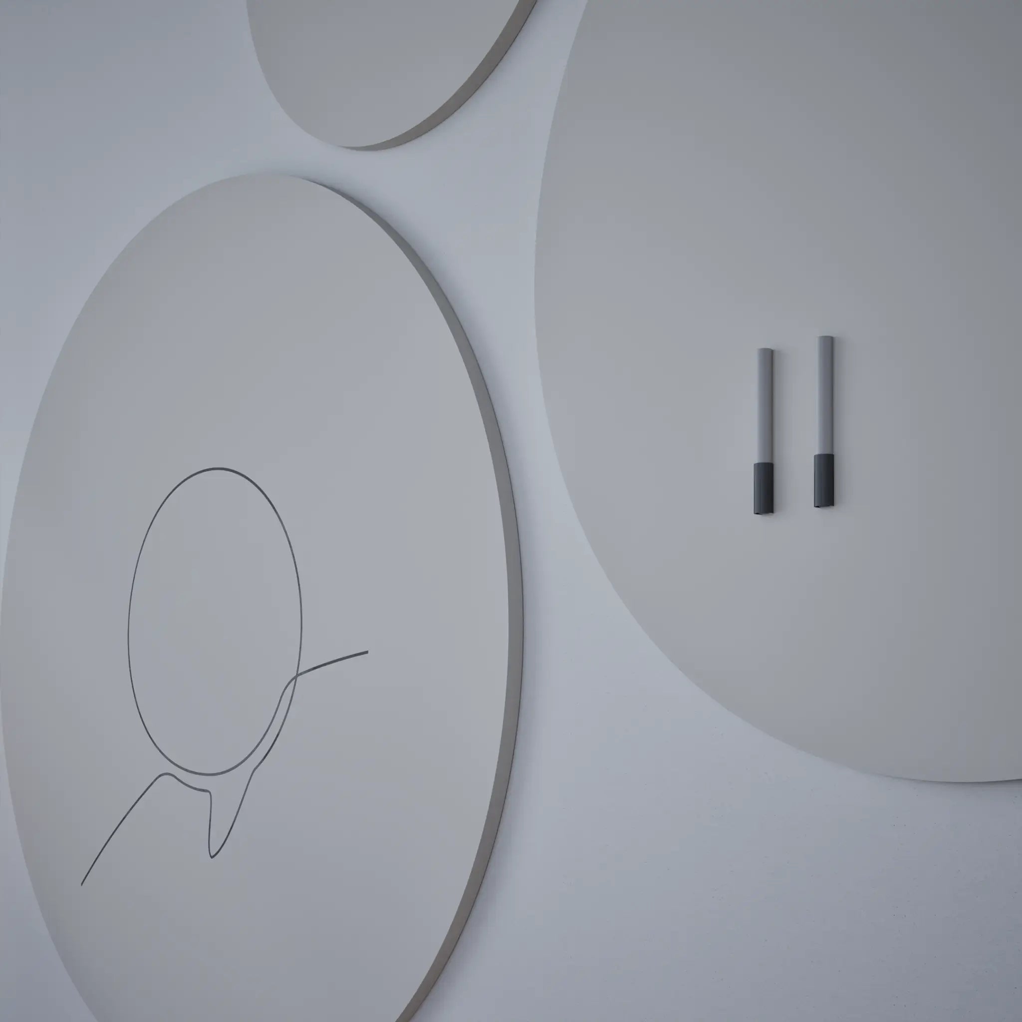Showcasing Chameleon Round Frameless VES Magnetic Whiteboards—minimalist wall art with sleek speech bubble and bar designs.