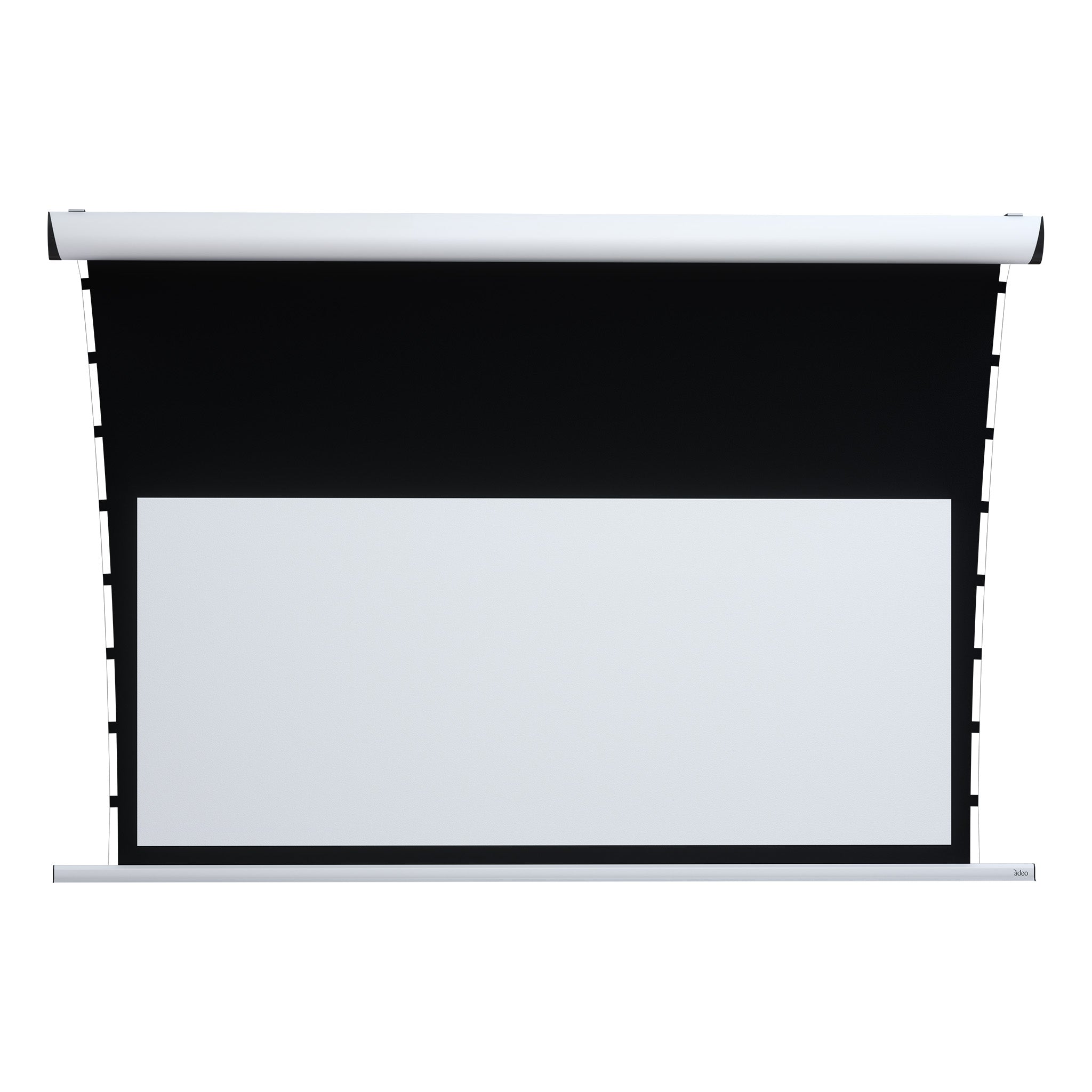 Showcasing the motorized Rugby Pro -Tensio Classic- Projection Screen with black borders, casing visible, partially rolled down.