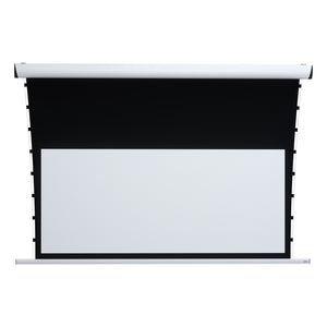 Showcasing the motorized Rugby Pro -Tensio Classic- Projection Screen with black borders, casing visible, partially rolled down.