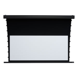 The Rugby Pro -Tensio Classic- Projection Screen, motorized with black border, fully extended on plain white background.