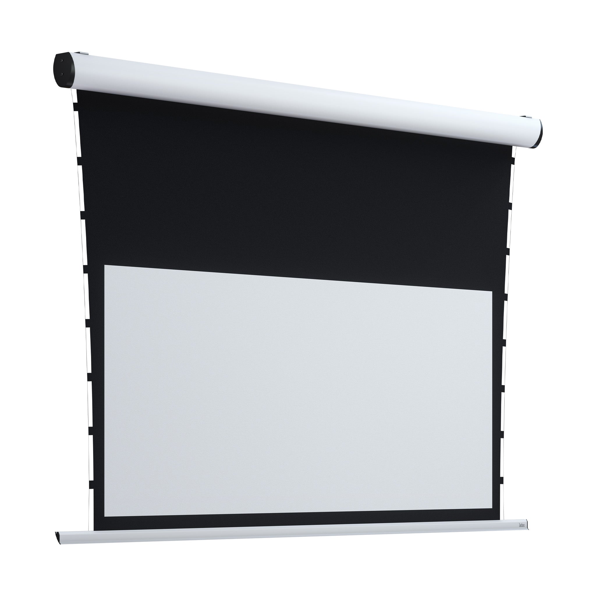 Showcasing the Rugby Pro -Tensio Classic- Projection Screen, partially unrolled with a black border, in its white metal casing.