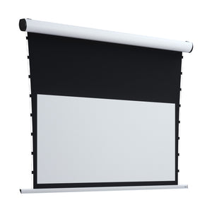 Showcasing the Rugby Pro -Tensio Classic- Projection Screen, partially unrolled with a black border, in its white metal casing.