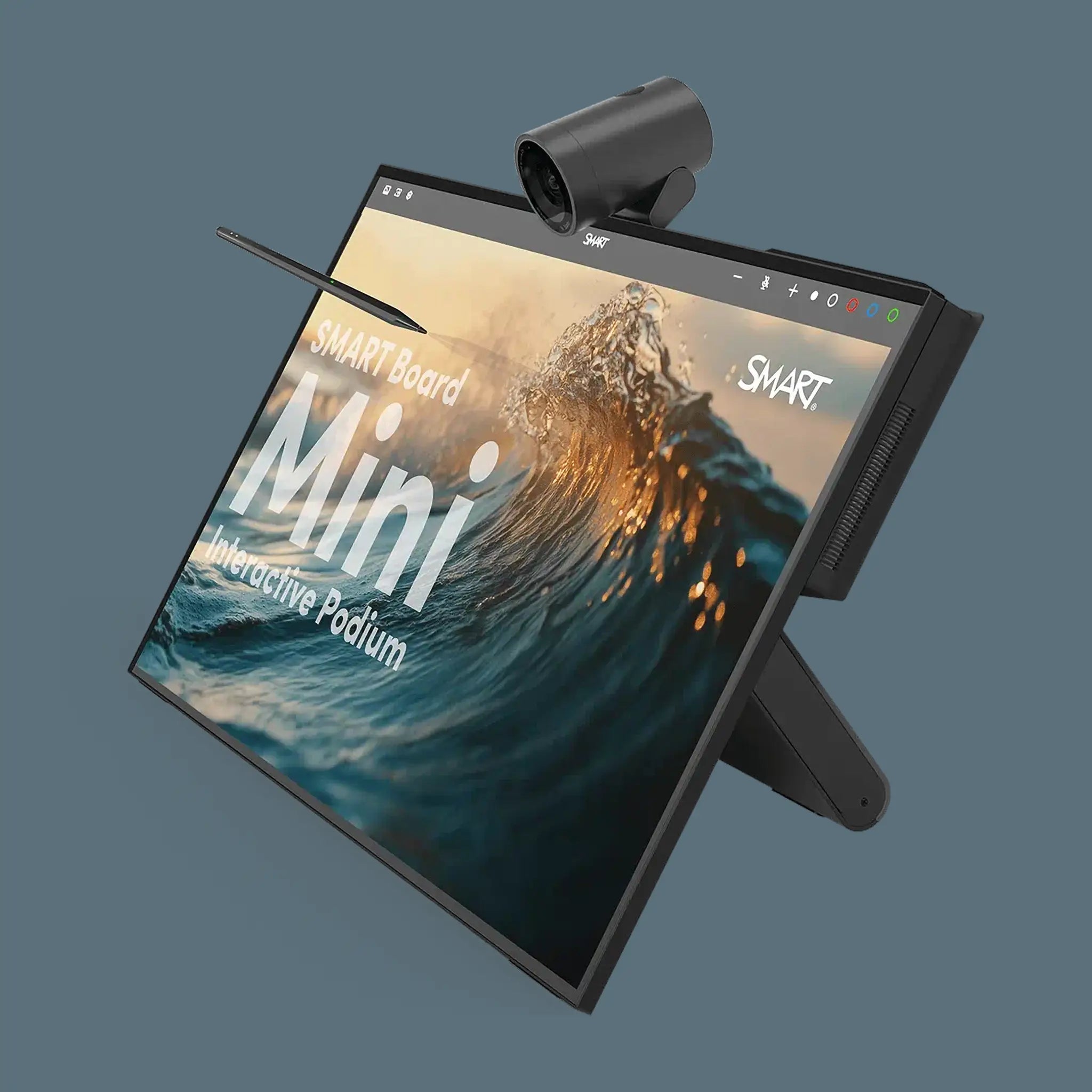 Promote your workspace with the SMART Board MINI 727: 4K UHD touchscreen, stylus, camera, and wave image on gray background.