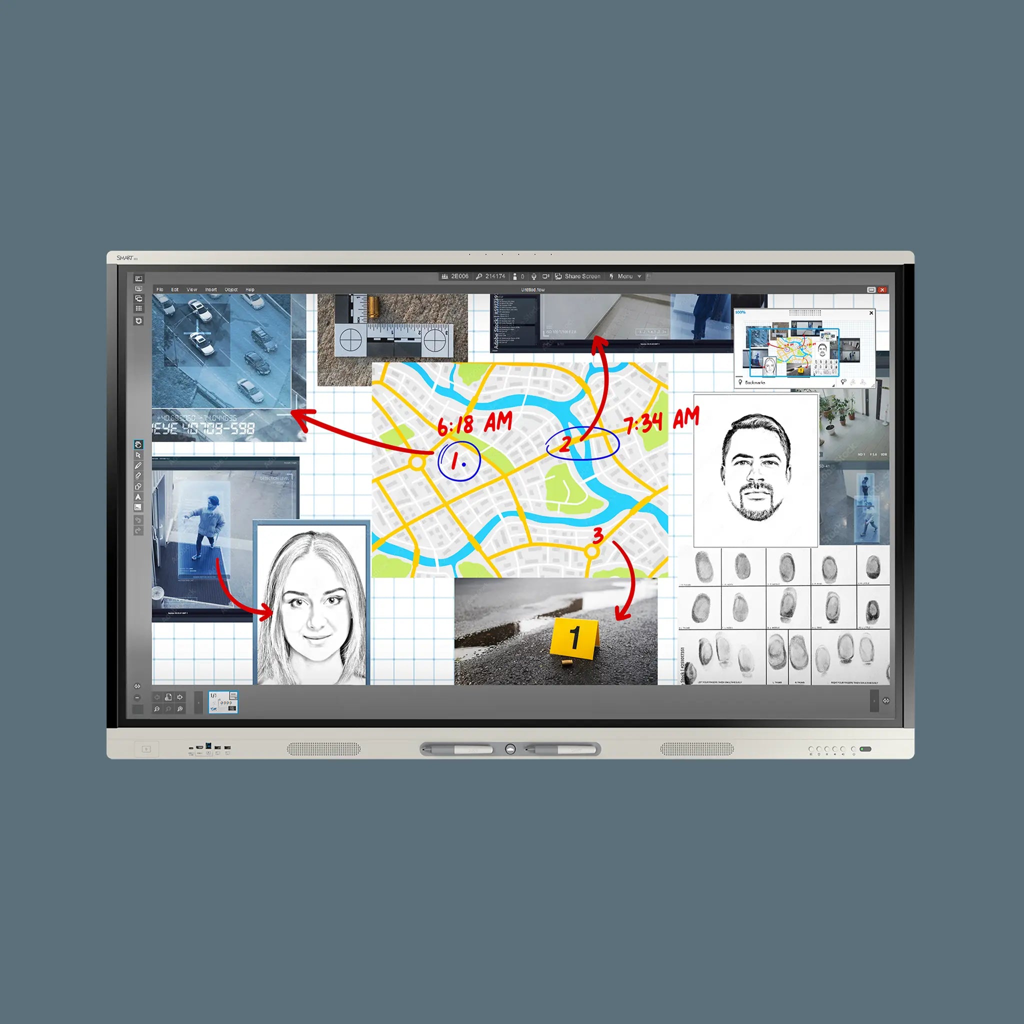 Showcasing the SMART MX Pro V5 with iQ: a digital evidence board for crime investigation, maps, mugshots & notes on-screen.