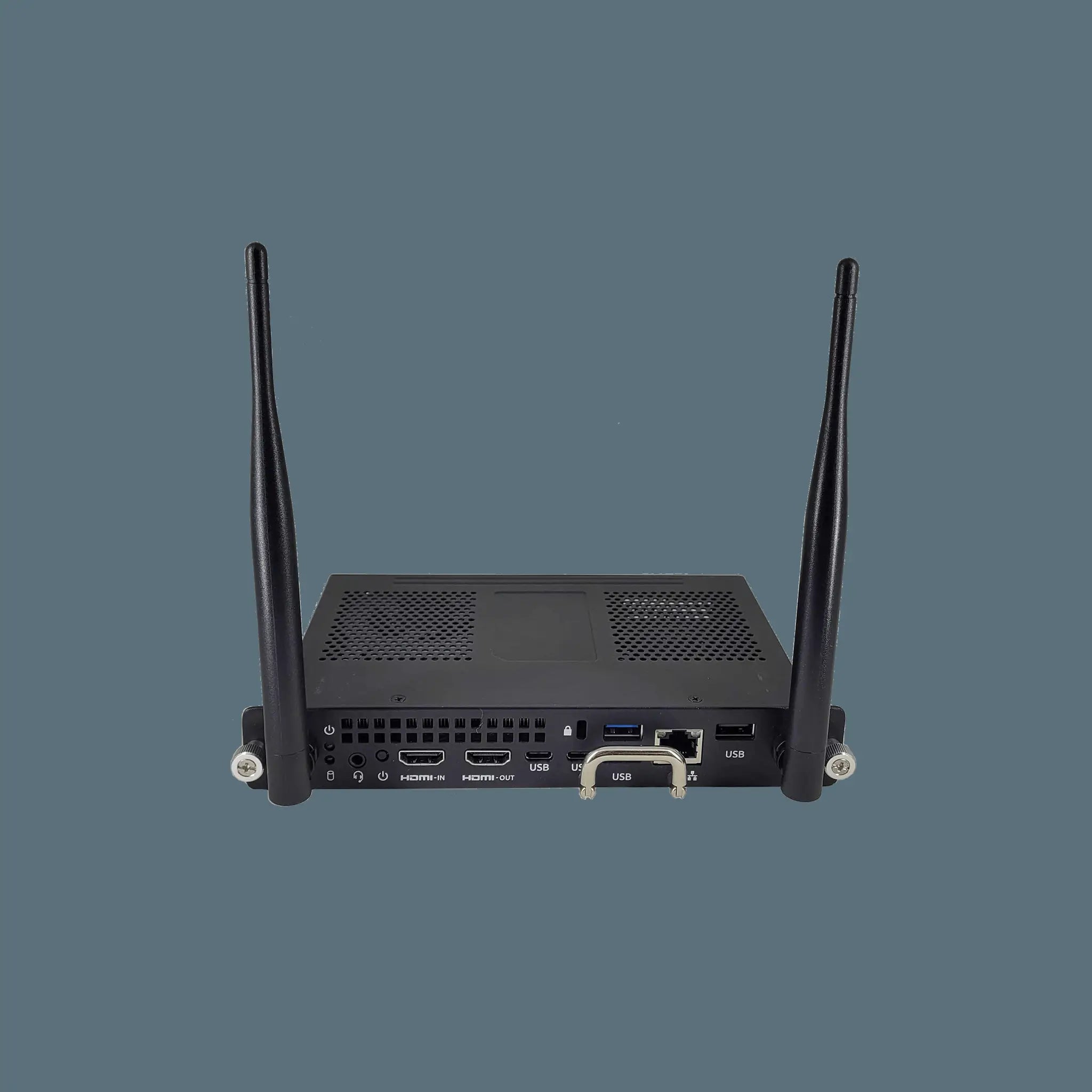 Boost productivity with the SMART OPS PC Module by Smart: Sleek black device, Intel Core processor, antennas, multiple connectivity ports.