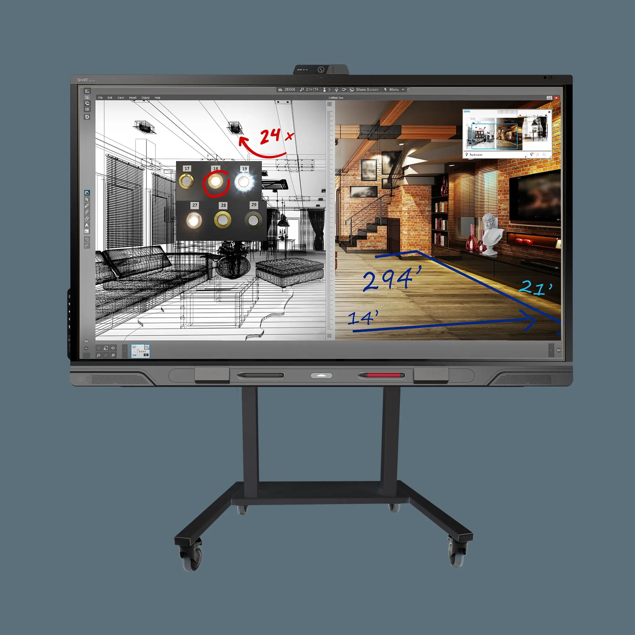 Highlighting SMART QX Pro: split screen with design tools beside a black-and-white room sketch, plus colored furnished room.