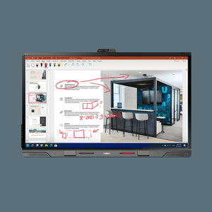 SMART QX Pro showcases a PowerPoint slide with notes and a photo of a stylish office on its integrated all-in-one smartboard display.