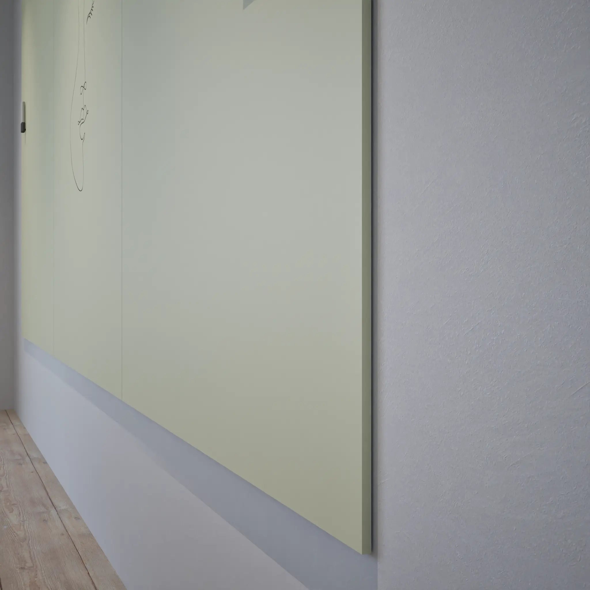 Modern minimalist room with light wood floor, Chameleon Sharp Wall frameless magnetic whiteboard glowing in natural light.
